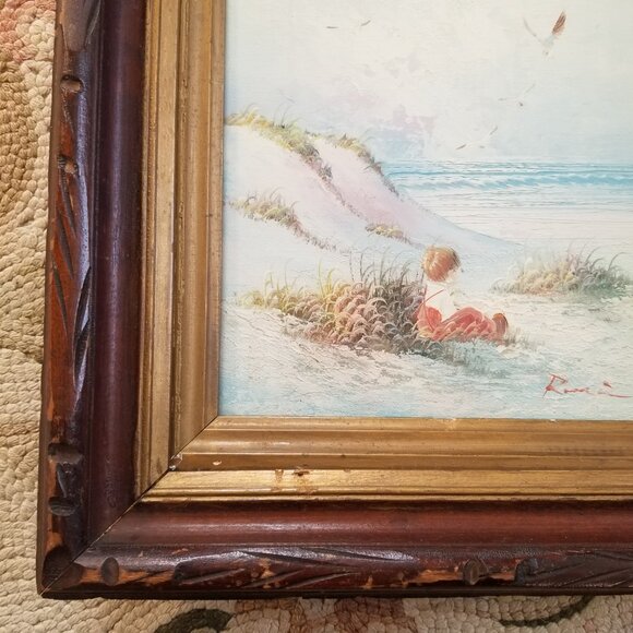 Vintage Painting Child On Beach in Antique Wood Frame w/Glass - Picture 5 of 9
